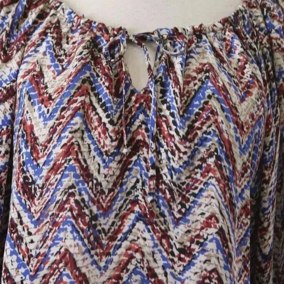 Parker Blue Brown & Tan Chevron 100% Silk Long Sleeve Peasant Blouse Size Small - Picture 3 of 3